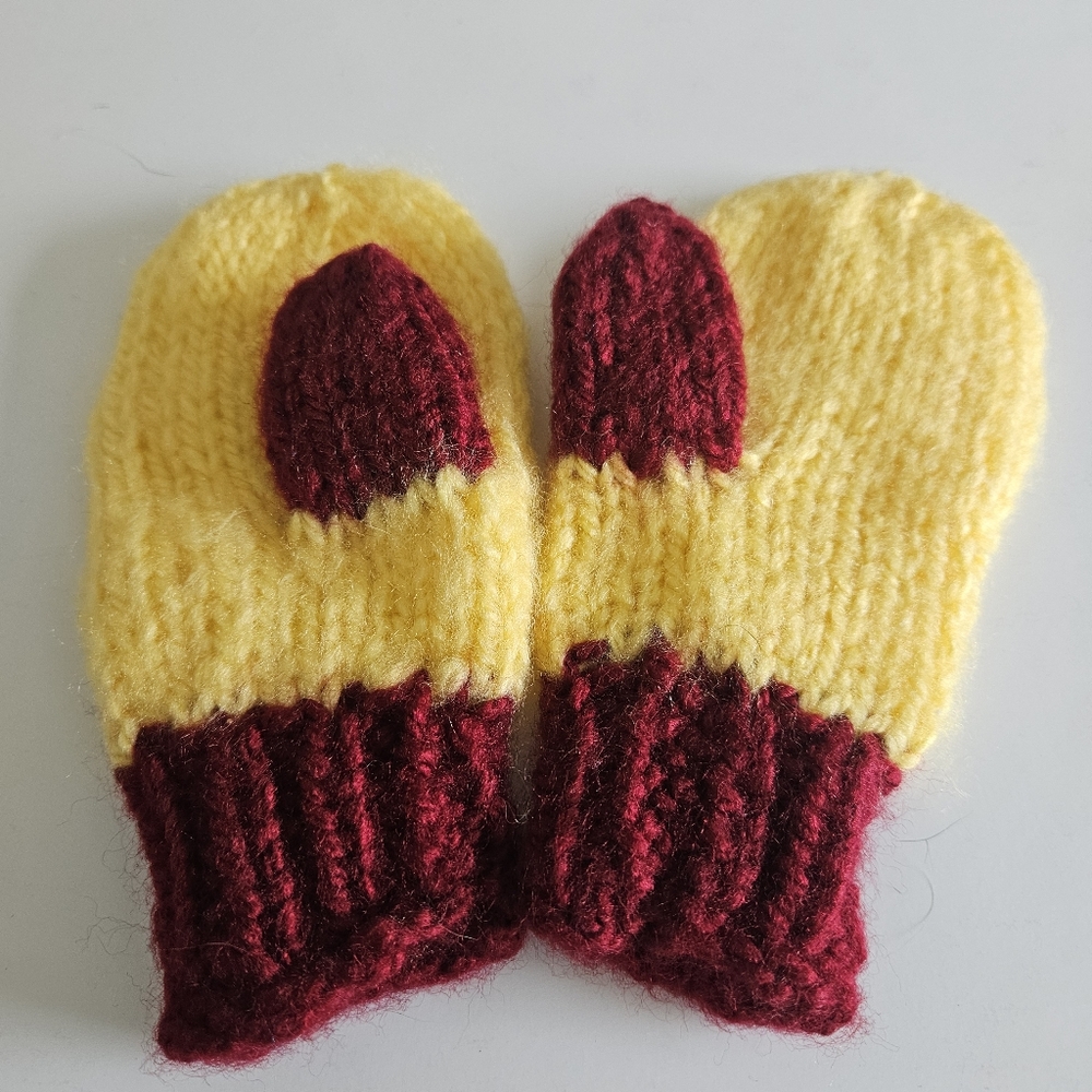 Handmade Knitted Golden Yellow & Maroon Baby Toddler Youth Mittens Gloves 6" Lon